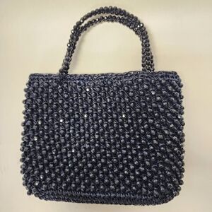 1960s Vintage Woven Navy Blue Raffia & Blue Faceted Beads Handbag,  Bead Handles